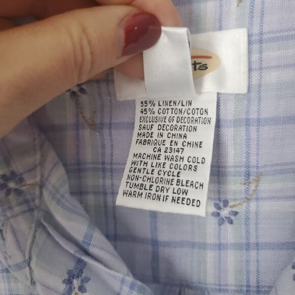 TALBOTS Embroidered Florals Linen Plaid Shirt Button Down Collared Cuffed Sleeve - Picture 6 of 10